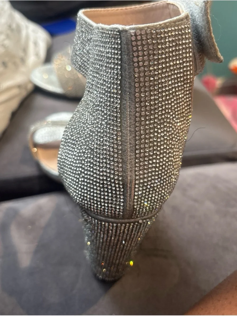 Silver Rhinestone Block Heel Sandals - Women